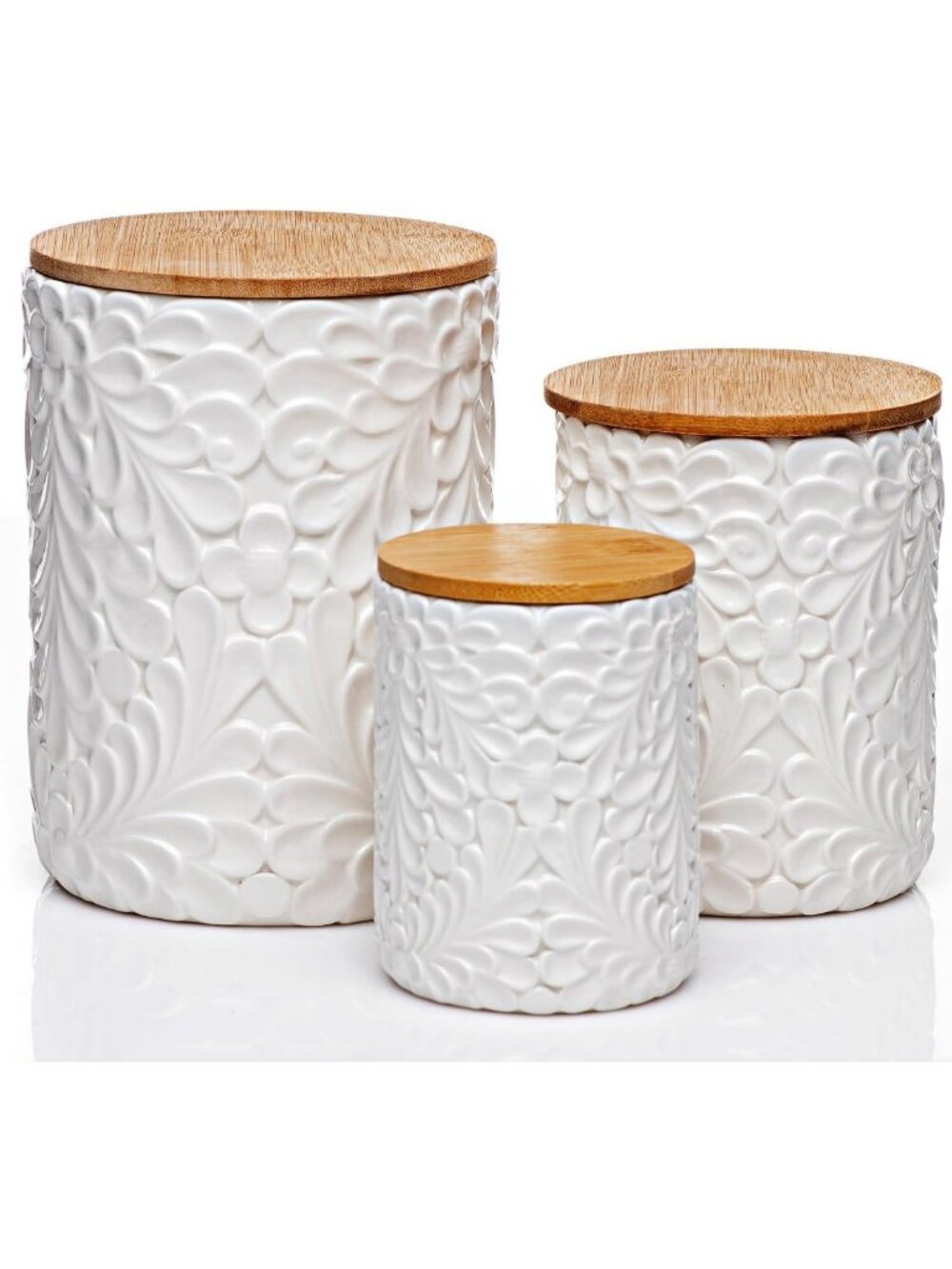 Set of 3 Engraved Ceramic Canisters with Airtight Bamboo Lids - Kitchen Storage